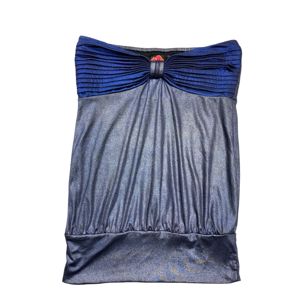 Women’s Tube Top Shirt Blue Black Pleated Bodice Shimmer Loose Lower Size XS